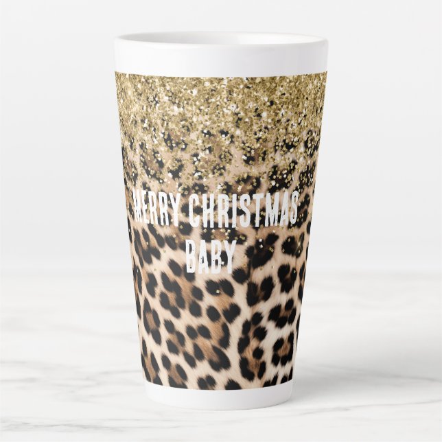 Caneca De Café Latte Impressão Leopardo de Creme Glitter Dourado Glam (Frente)