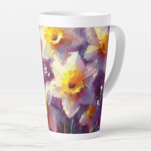 Caneca De Café Latte Impressionista Daffodil Floral Purple Amarelo (Ângulo direito)