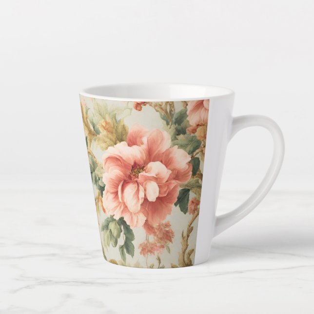 Caneca De Café Latte Incríveis Flores, Folhas. Pintura (Direita)