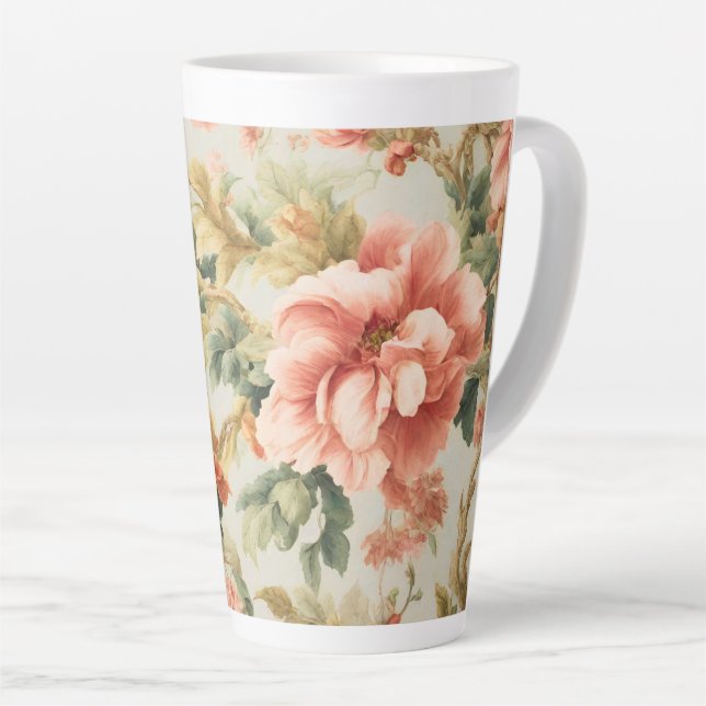 Caneca De Café Latte Incríveis Flores, Folhas. Pintura (Ângulo direito)
