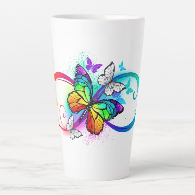 Caneca De Café Latte Infinidade brilhante com borboleta arco-íris (Frente)