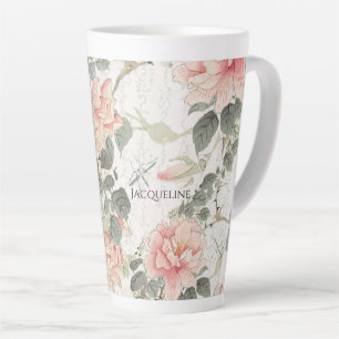 Caneca De Café Latte Influência Asiática Escamoteia As Flores De Peônia