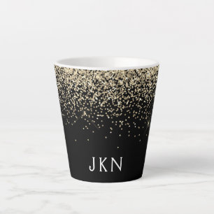 Caneca De Café Latte Iniciais Douradas de Monograma Girly Glitter Negra