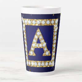 Caneca De Café Latte Inicial A com Monograma Dourado e Brilho Azul