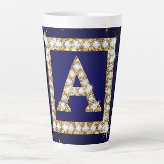 Caneca De Café Latte Inicial A com Monograma Dourado e Brilho Azul