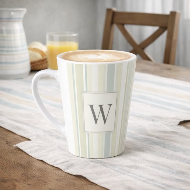 Caneca De Café Latte Initial Neutral Dusty Blue Stripe Rustic Farmhouse (Criador carregado)