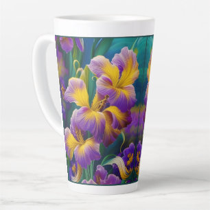 Caneca De Café Latte Íris Floral Roxo e folhas verdes azuis douradas