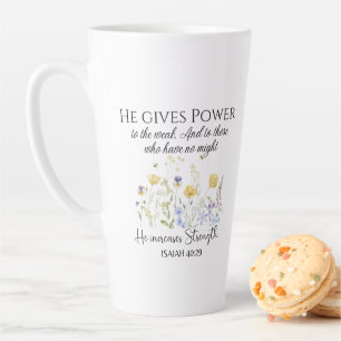 Caneca De Café Latte Isaiah 40:29 Ele dá poder à Escritura de Flores Se