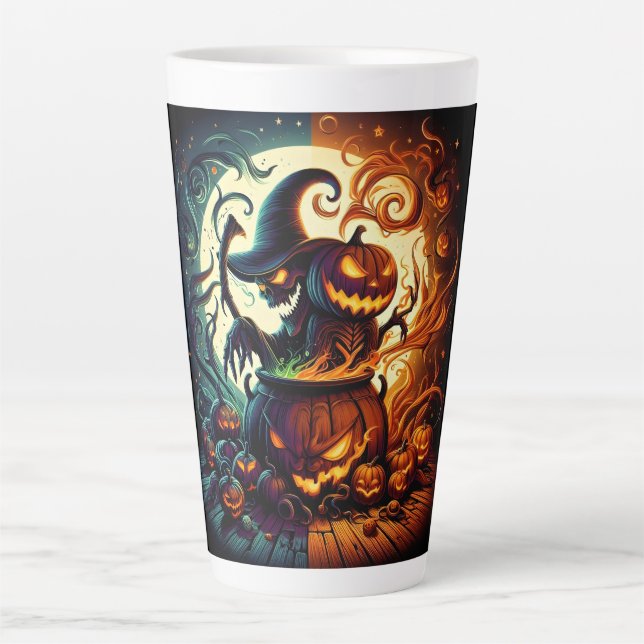 Caneca De Café Latte Jack-o'lantern e Witeton Skeleton Latte Mug (Frente)