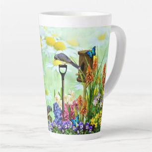 Caneca De Café Latte Jardim de Flores de Birdhouse