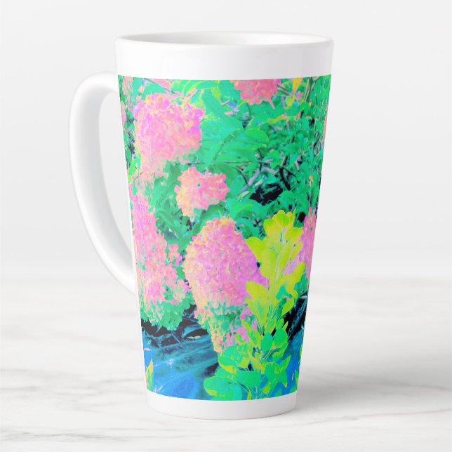 Caneca De Café Latte Jardim de Hydrangea rosa com folhagem amarela (Ângulo esquerdo)