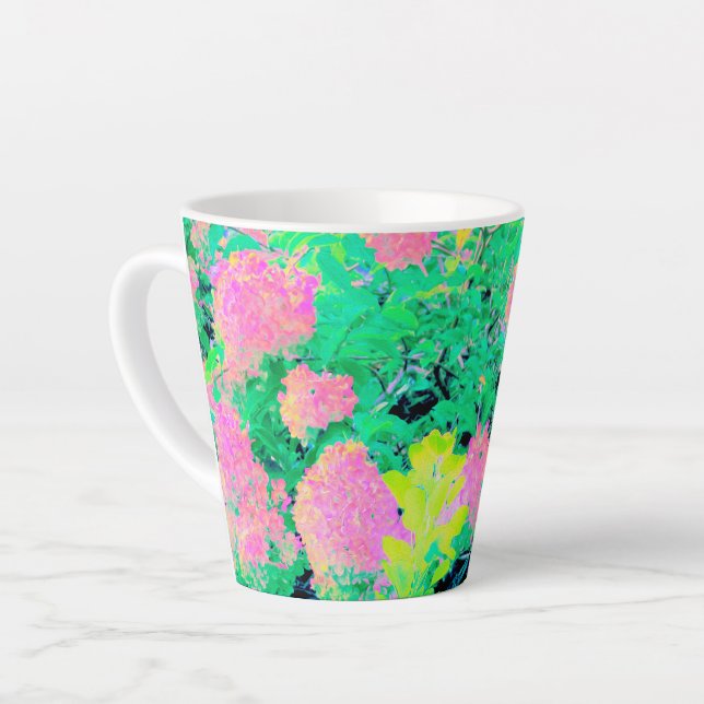 Caneca De Café Latte Jardim de Hydrangea rosa com folhagem amarela (Ângulo esquerdo)