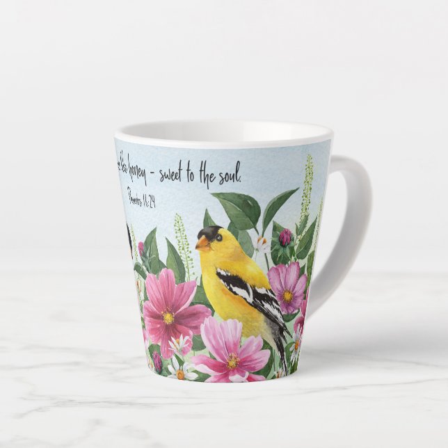 Caneca De Café Latte Jardim do País com aves e escrituras (Ângulo direito)