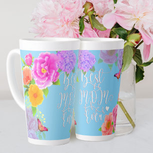 Caneca De Café Latte Jardim Romântico de Peônias Azul Melhor Mãe