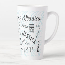 Caneca De Café Latte Jessica Nome Personalizado Preto Branco Azul
