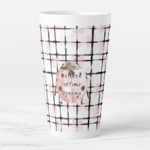 Caneca De Café Latte Joaninha com Listras Pretas e Rosa