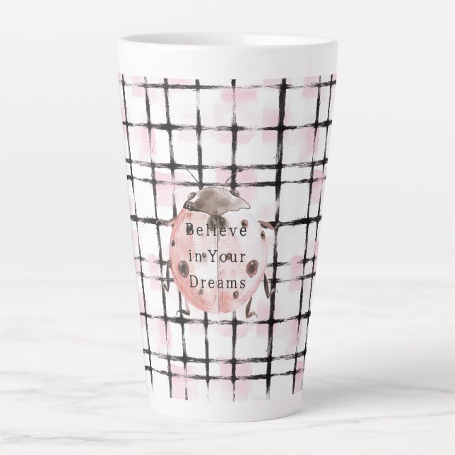 Caneca De Café Latte Joaninha com Listras Pretas e Rosa (Frente)