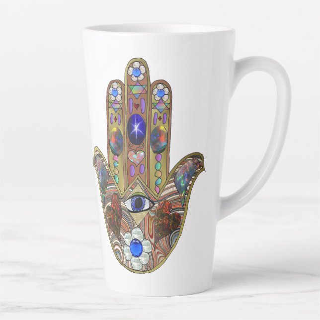 Caneca De Café Latte Judaica Hamsa Hearts Flowers Opal Art Print (Direita)