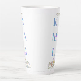 Caneca De Café Latte Kamala Harris. Flores. Sutil. Branco e Azul