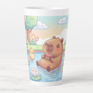 Caneca De Café Latte Kawaii capy in a pond