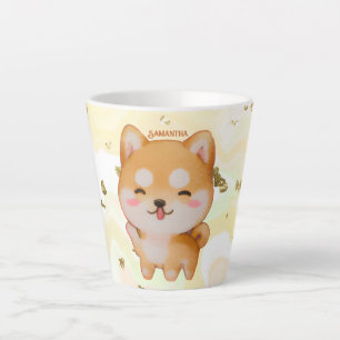 Caneca De Café Latte Kawaii Smiling Cartoon-Style Shiba Inu