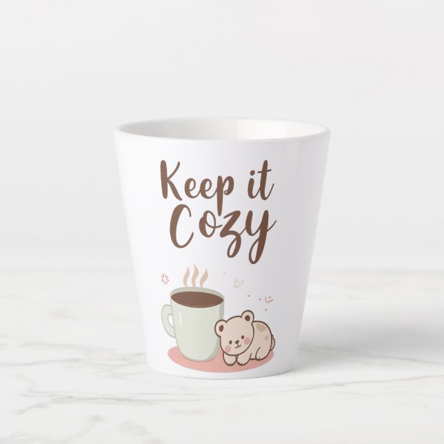 Caneca De Café Latte "Keep it Cozy" with Sleepy Bear and Coffee (Frente)