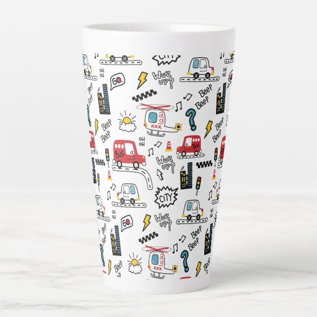 Caneca De Café Latte Kids Playful Transport Pattern  (Frente)