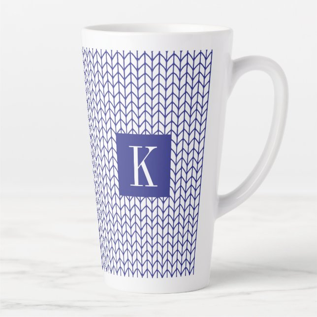 Caneca De Café Latte KNIT de LINHA AZUL Tall Latch Mg + Inicial II (Direita)