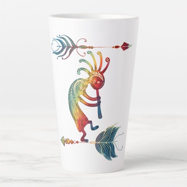 Caneca De Café Latte Kokopelli Americano Nativo Com Duas Penas 1 (Frente)