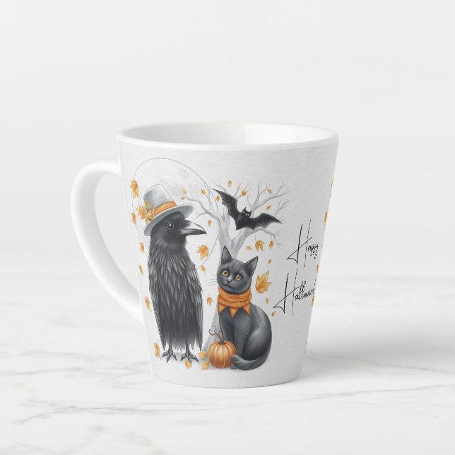 Caneca De Café Latte Krähe und Katze „Happy Halloween!“ Crow Tasse (Ângulo esquerdo)