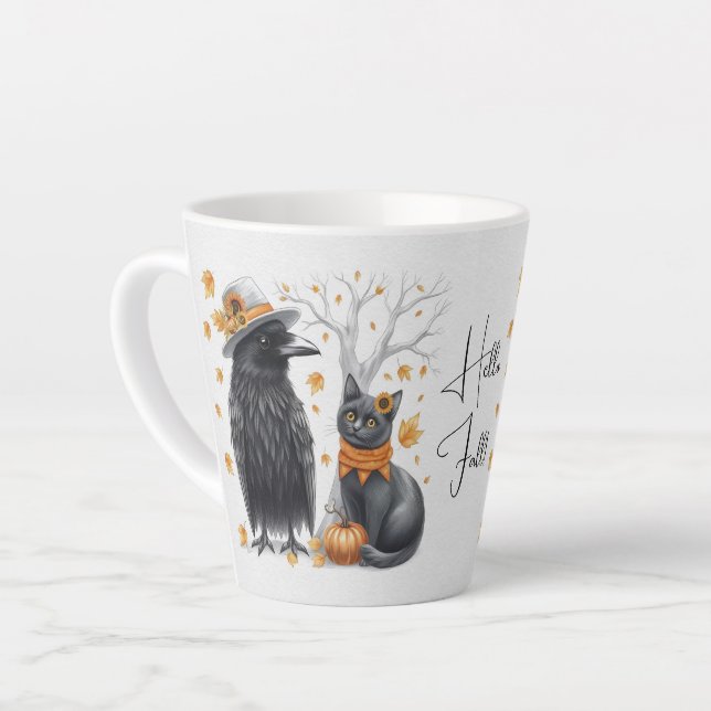 Caneca De Café Latte Krähe und Katze im Herbst „Hello Fall“ Crow (Ângulo esquerdo)