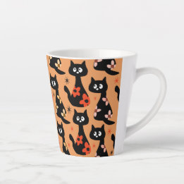Caneca De Café Latte Lã Latente De Gatos Pretos Florais Retro (Laranja)