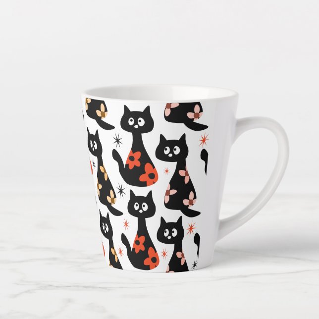 Caneca De Café Latte Lã Tradicional De Gatos Pretos Florais (Brancos) (Direita)
