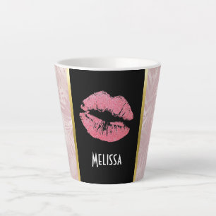 Caneca De Café Latte Lábios brilhantes cor-de-rosa e folhas tropicais 