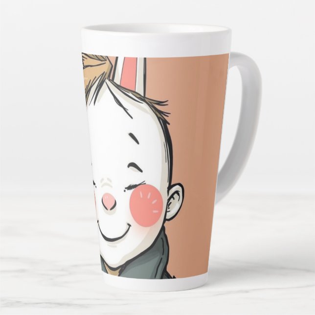 Caneca De Café Latte Lächelnder Junge mit Hasenohren Kindliche Freude  (Ângulo direito)