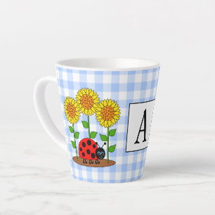 Caneca De Café Latte Ladybug com Sunflower Blue Gingham Monograma