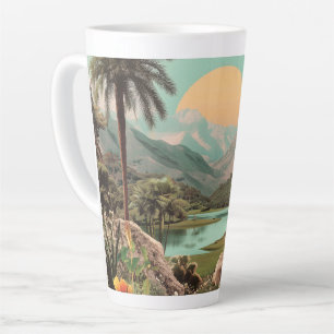Caneca De Café Latte Lago Tropical Surrealista Com Palmeiras