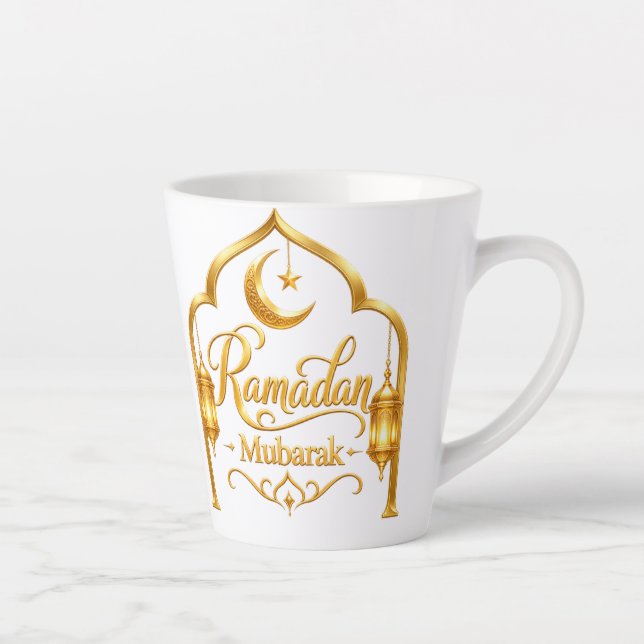 Caneca De Café Latte Lâmpada de Arco Dourado Ramadan Mubarak (Direita)