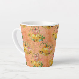 CANECA DE CAFÉ LATTE LARANJA DE COR DE ÁGUA E PINTOS AMARELOS E FULORES