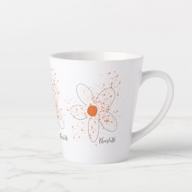 Caneca De Café Latte Laranja terroso moderno florais nome script (Direita)