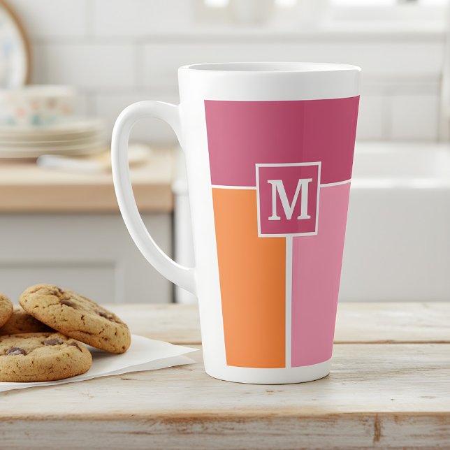 Caneca De Café Latte Largas Femininas com Monograma (pink orange latte mug with monogram)