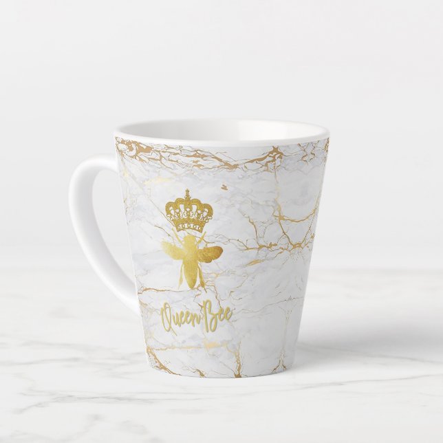 Caneca De Café Latte Lata de mármore branco Dourada de RAINHA (Ângulo esquerdo)