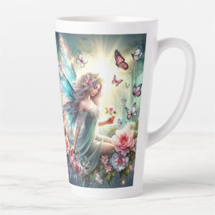 Caneca De Café Latte Lata - Fada no Jardim das Flores, Borboletas