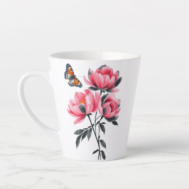 Caneca De Café Latte Lata - Flores De Pênia Rosa, Borboleta (Esquerda)