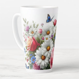 Caneca De Café Latte Lata Grande - Rosas, Visitas, Borboletas