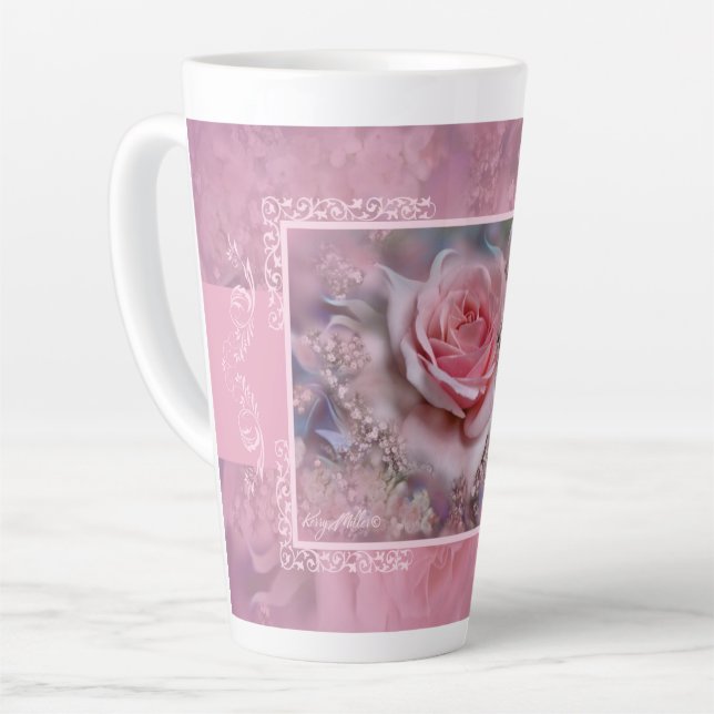 Caneca De Café Latte Lata Latim Rosa Rosa Grande (Ângulo esquerdo)