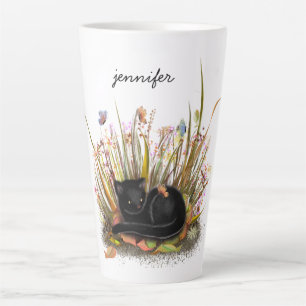 Caneca De Café Latte Latão de Gato Preto Borboletas