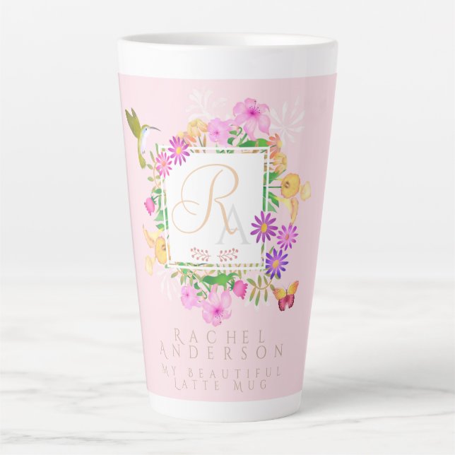 Caneca De Café Latte Latte Rosa-Rosa-Floral Garden (Frente)