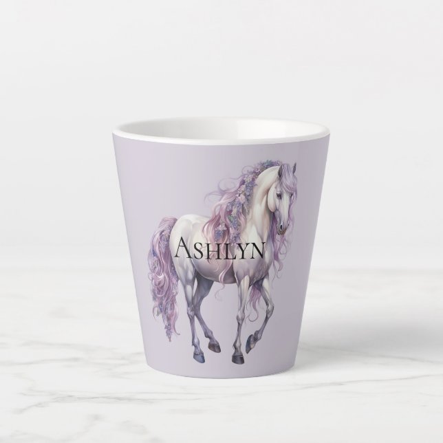 Caneca De Café Latte Lavanda Cavalo Floral Branco (Frente)