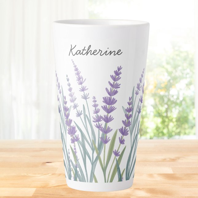 Caneca De Café Latte Lavanda Roxa Monograma Floral (In situ)